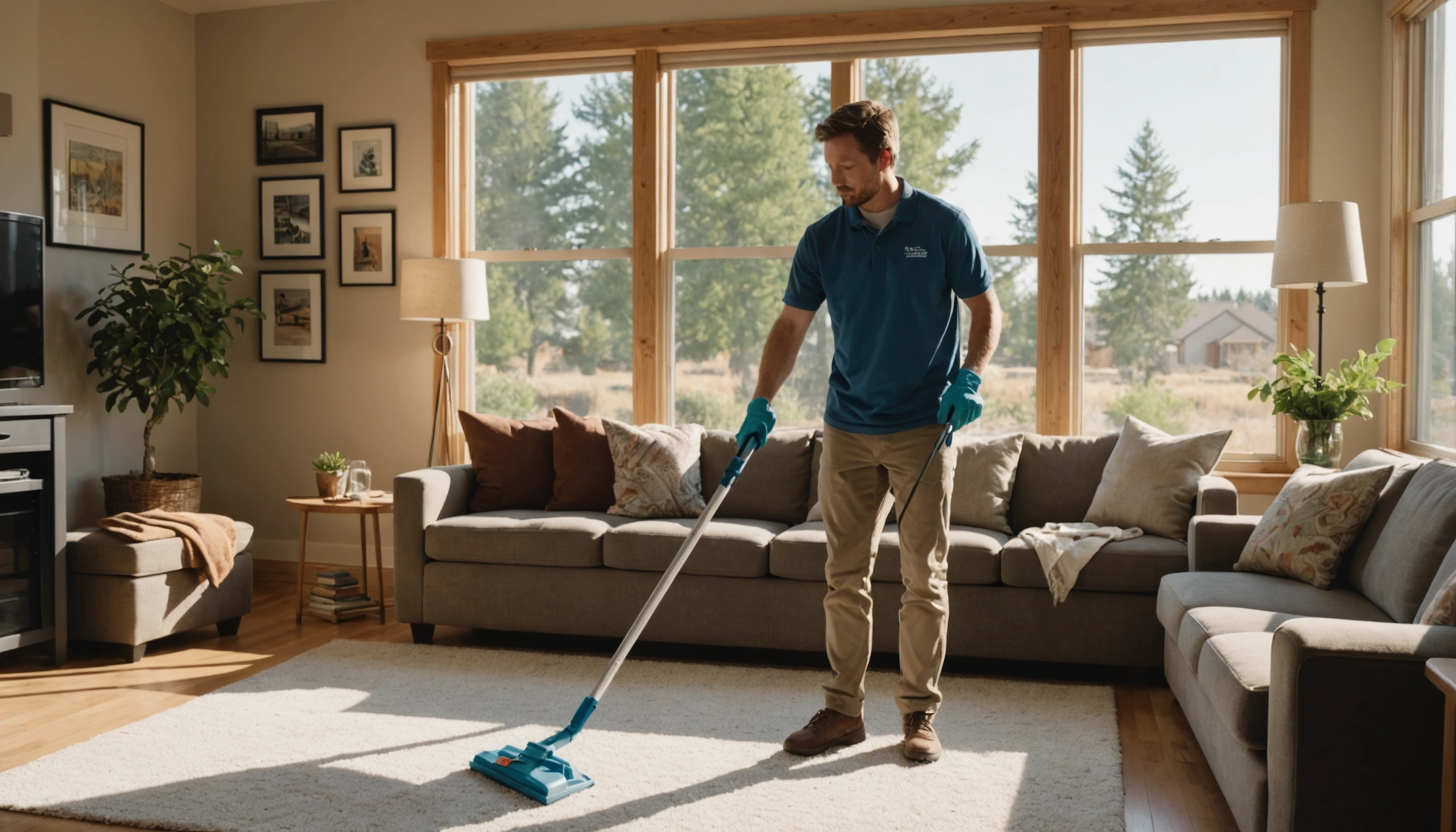 Professional cleaner in sunlit Boise living room with eco-friendly supplies