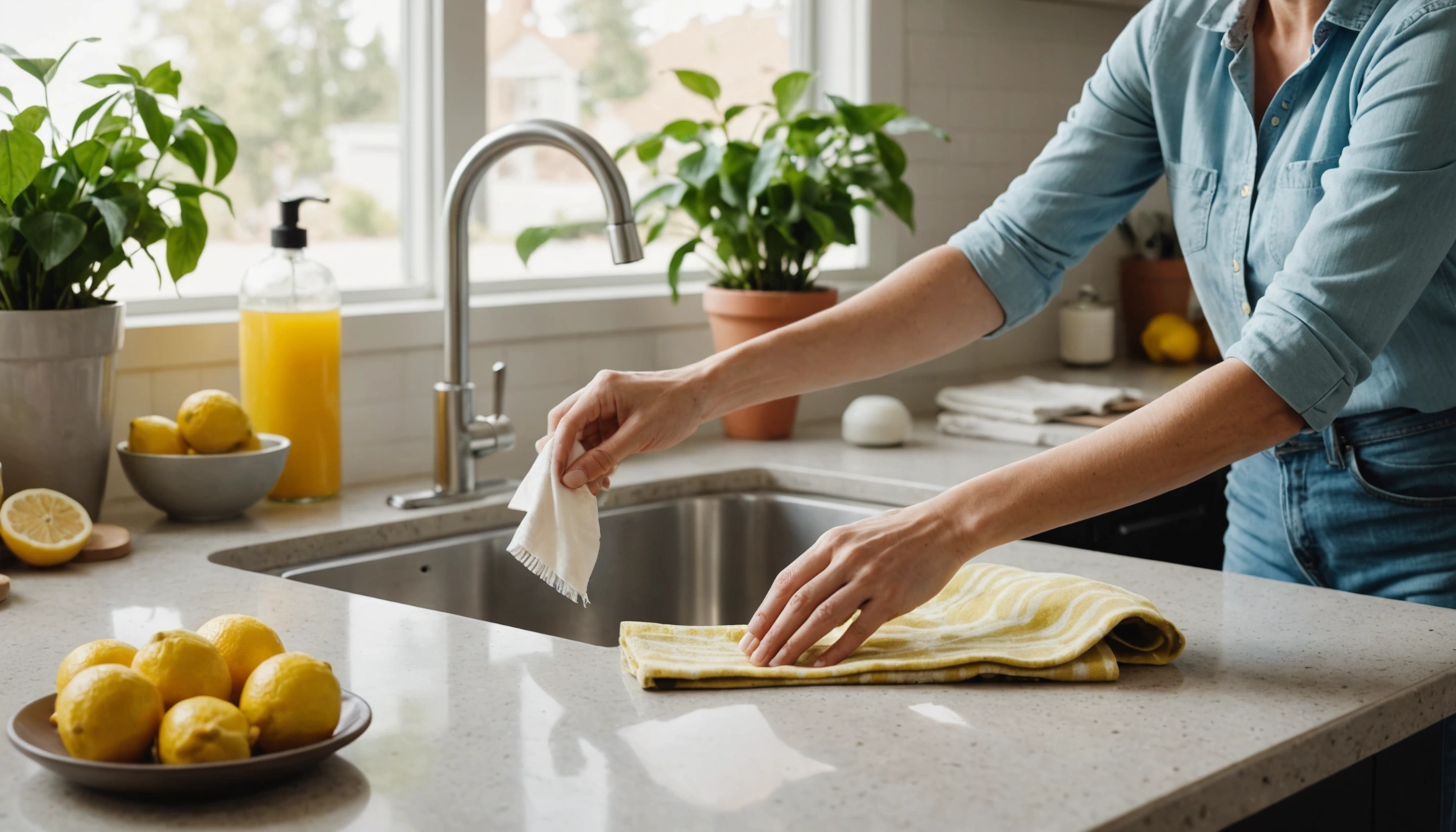 Hands arranging eco-friendly cleaning items on sunlit countertop
