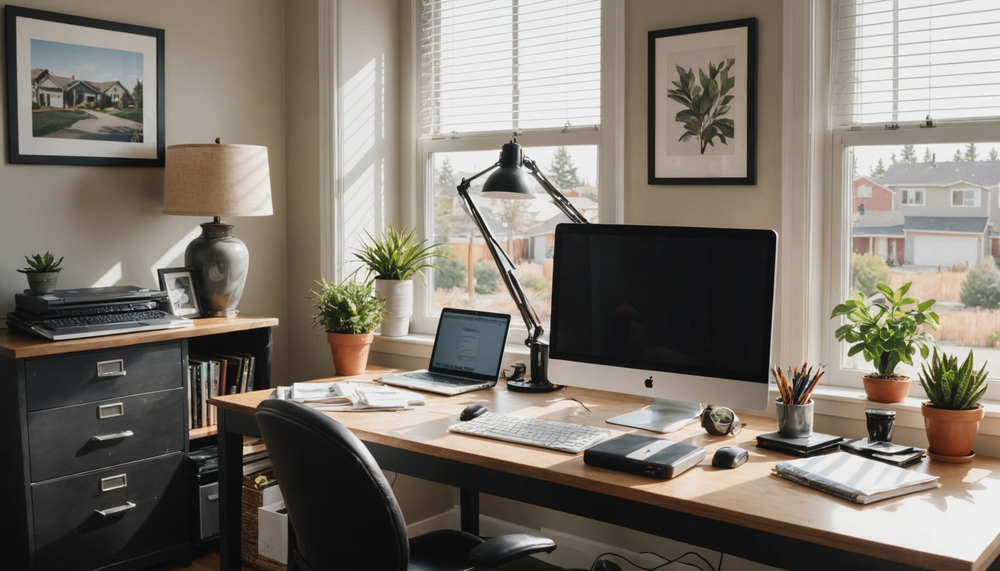 Modern home office with a desk and sunlit window view