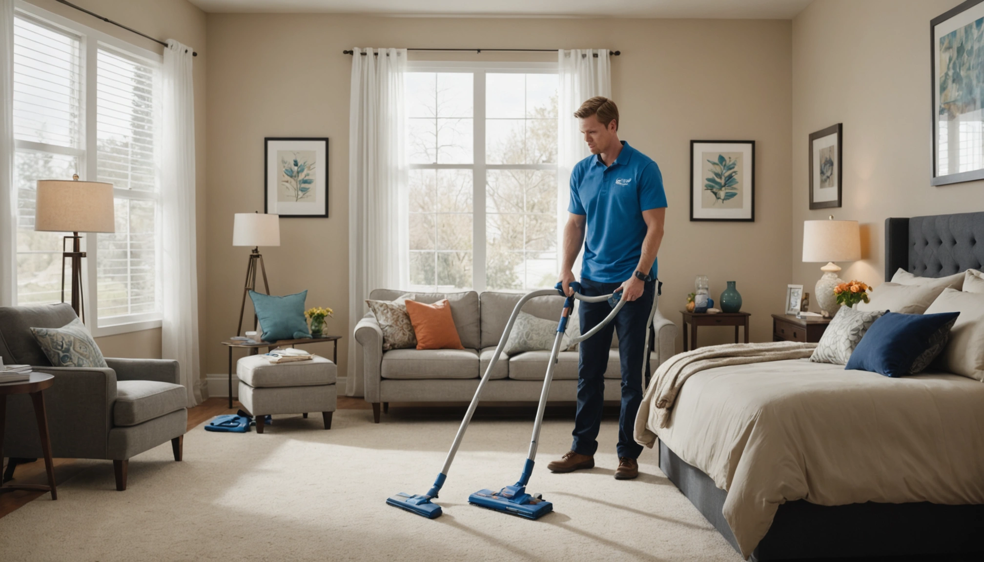 Cleaner using vacuum in bright room, family member relieved nearby
