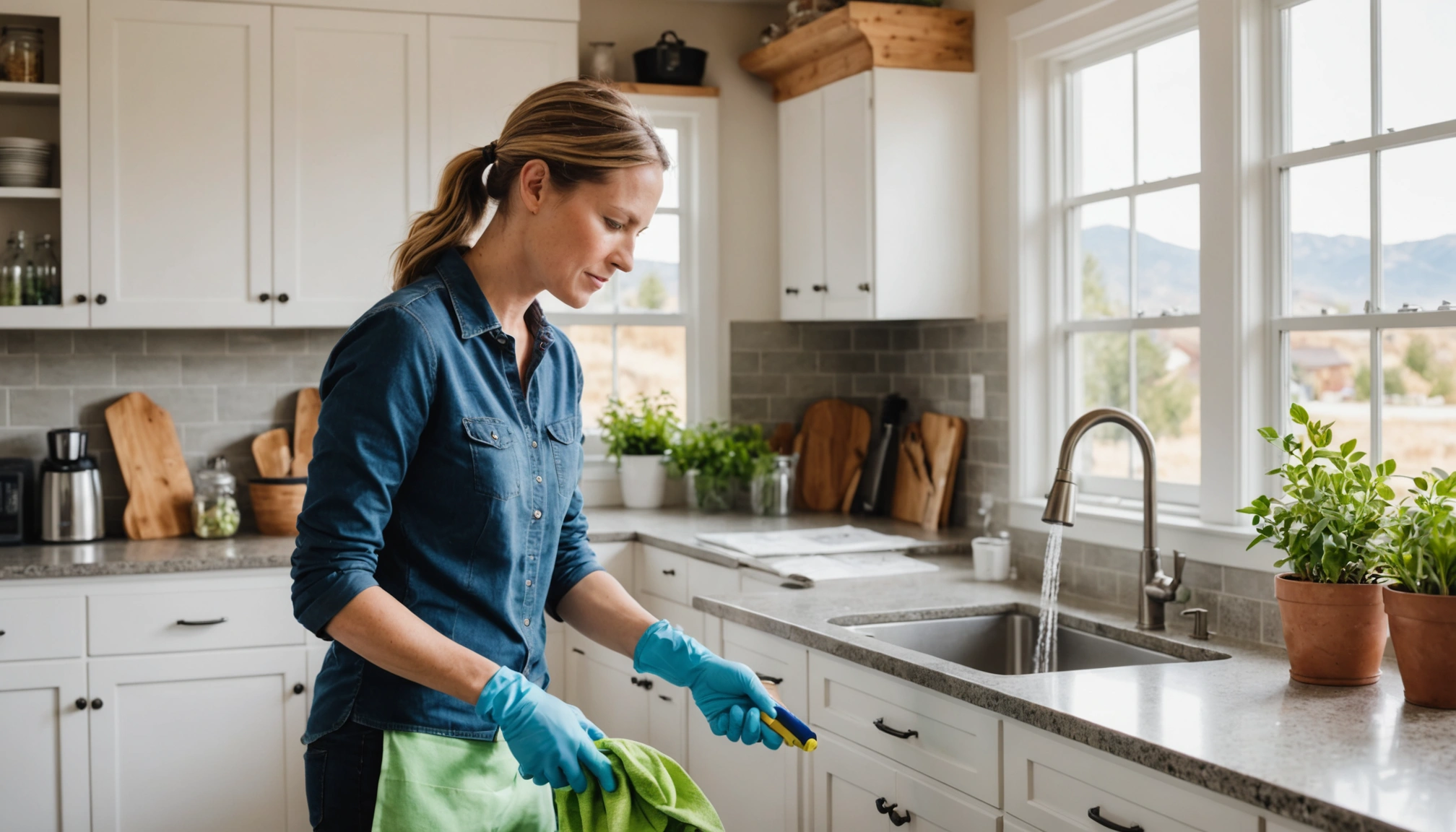 Cleaner using eco-friendly tools in sunlit Nampa home with fresh plants