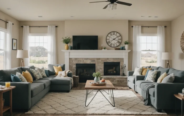 Family relaxing in a tidy, sunlit suburban living room