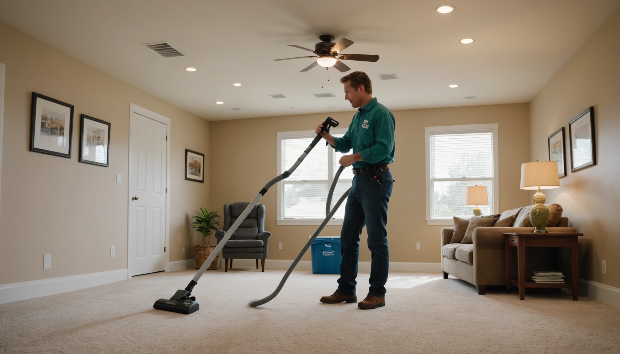 Cleaner vacuuming ceiling vent in bright hallway, family room in background