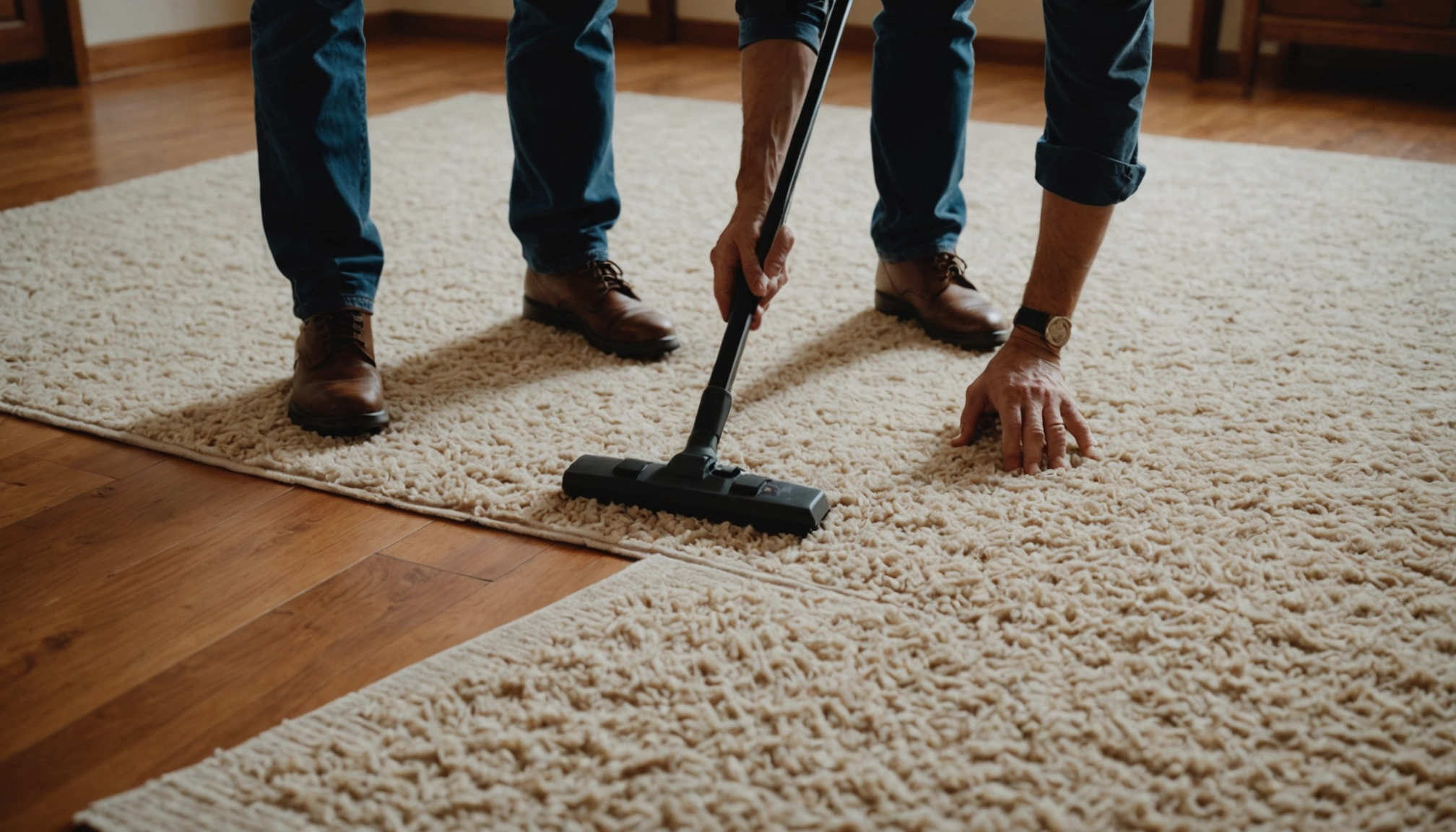 Professional cleaner and homeowner reviewing floor condition with cleaning tools on table