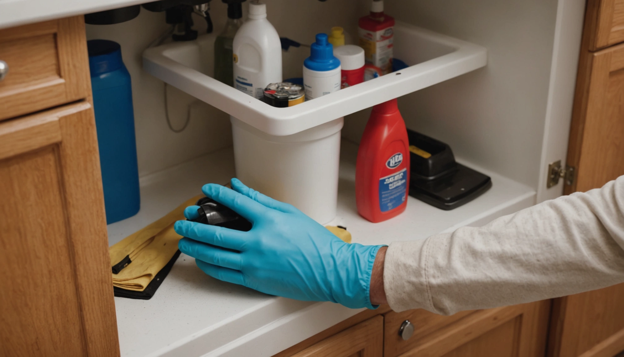 Gloved hands cleaning under-sink cabinet, organized supplies, soft natural light