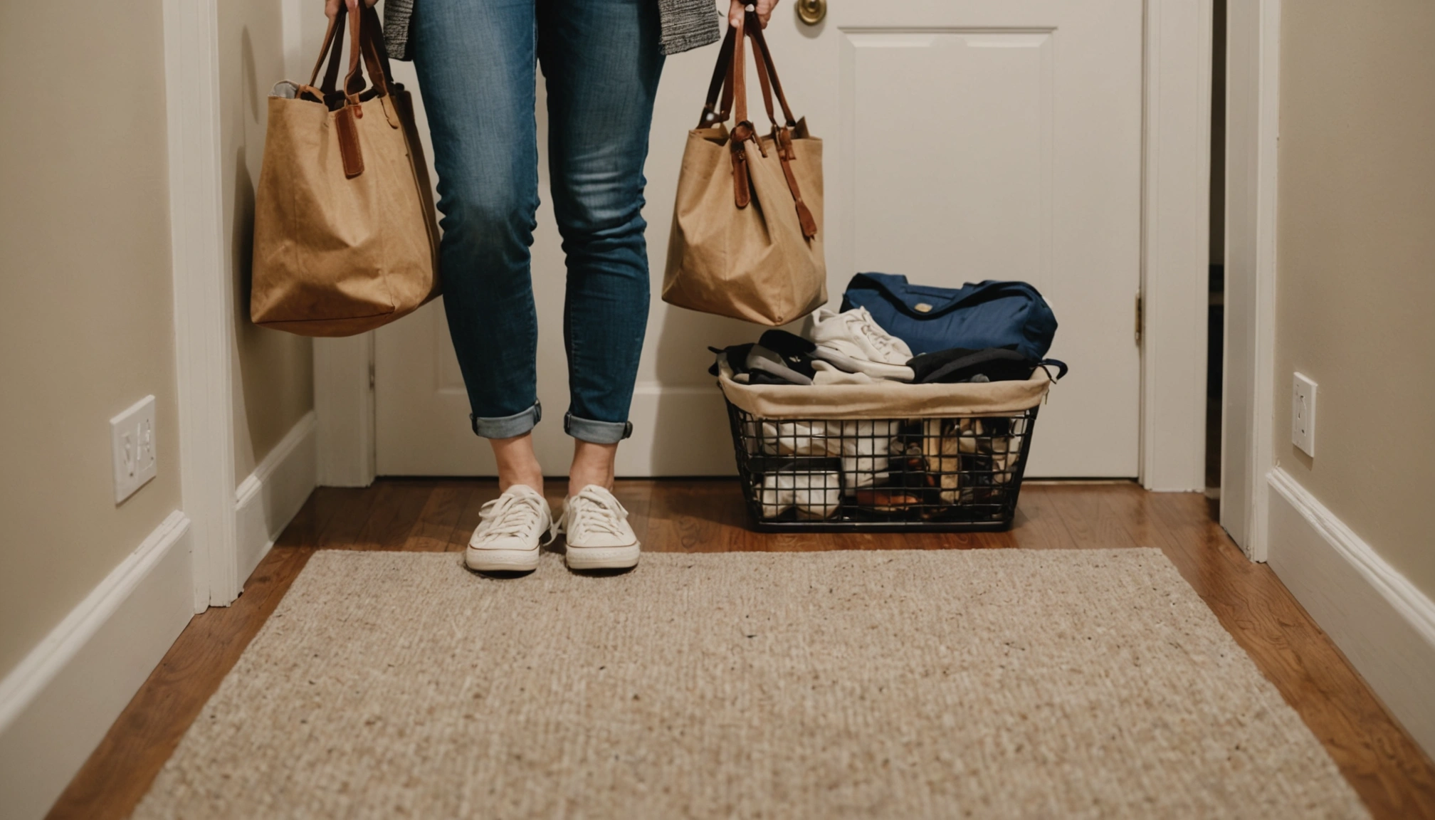 Shoes and jacket neatly placed by a clean entryway in Meridian home
