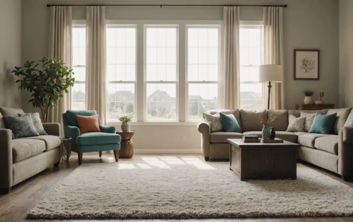 Bright suburban living room with dust motes in morning sunlight
