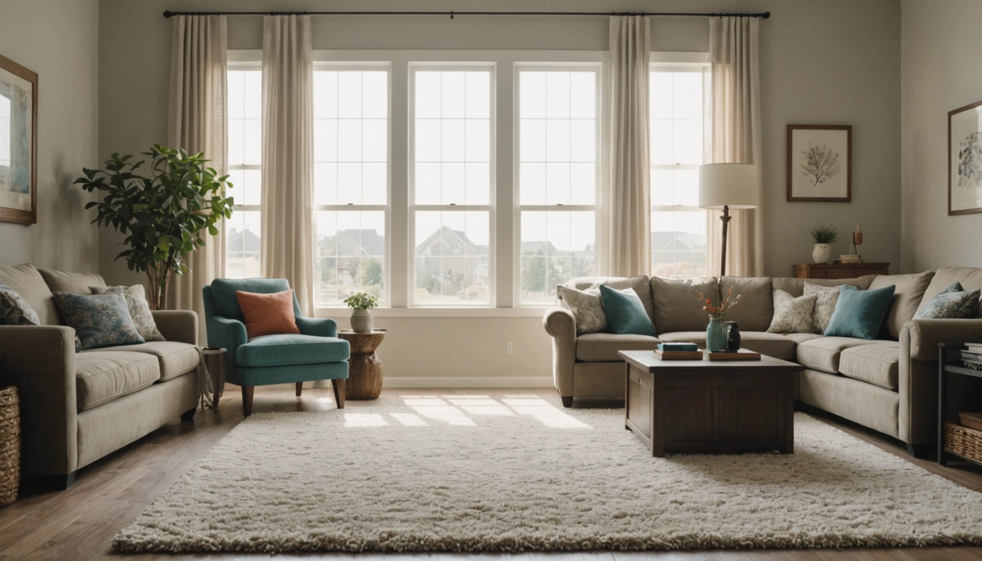 Bright suburban living room with dust motes in morning sunlight